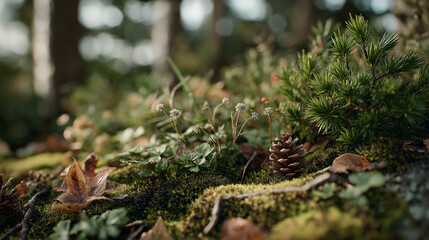 Forest floor with moss, grass, pine cones and young plants, beautiful background