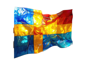 A stylized depiction of a flag, rendered in vibrant, glossy colors on a black background