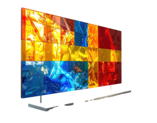 A modern screen displaying a colorful abstract mosaic, angled on a black background