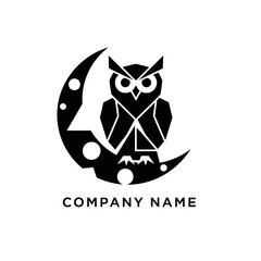 Geometric Owl Perched on Crescent Moon Silhouette Logo Design.