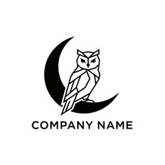 Geometric Owl Perched on Crescent Moon Silhouette Logo Design.