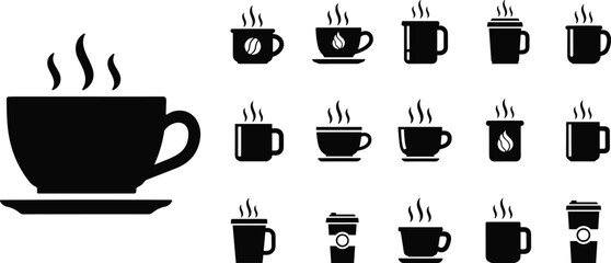 Coffee cup mug icons set, hot drink silhouette collection, espresso cappuccino latte symbols, beverage logo design, minimal flat vector illustration