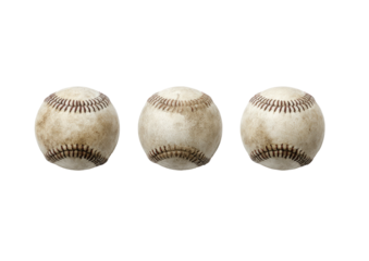 Three baseballs, worn and slightly dirty, centered, on black