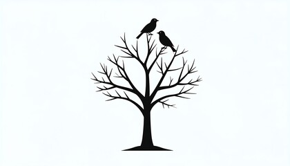 Silhouette of two birds perched atop a leafless tree, white background