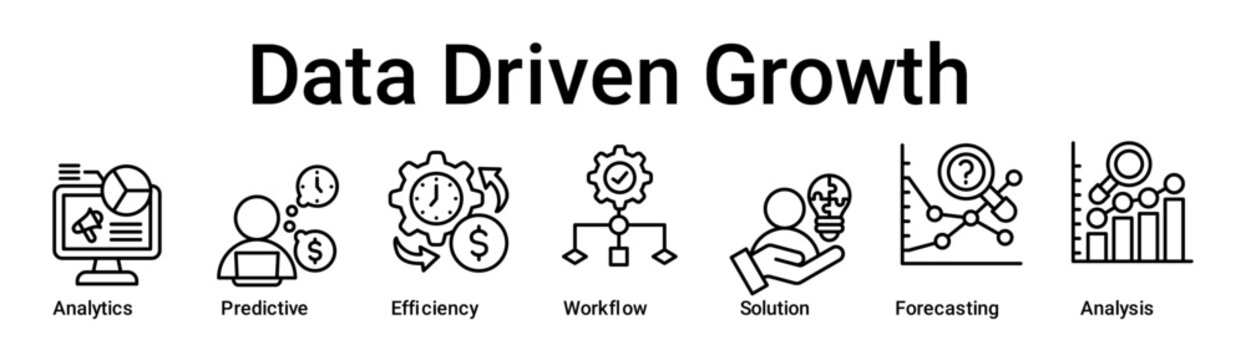 Data Driven Growth banner web icon vector illustration concept for business with icon of Analytics, Predictive, Efficiency, Workflow, Solution, Forecasting.