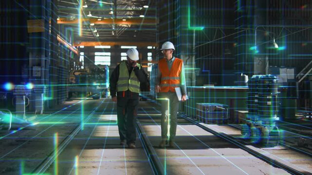 Two Engineers in Helmets and Safety Vests Walk Through High Tech Factory Enhanced by Glowing AR Grid. Concept of Smart Manufacturing, Industrial Innovation, Fusion of Humans With Digital Intelligence.