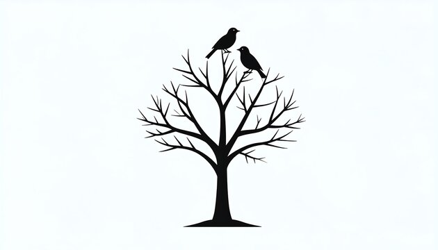 Silhouette of two birds perched atop a leafless tree, white background