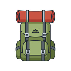 Green Hiking Backpack with Red Sleeping Bag Illustration for Outdoor Adventures.