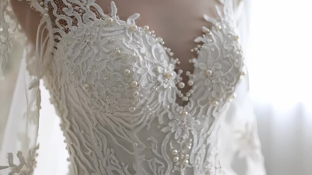 The wedding dress features intricate lace and pearl details, spotlighting delicate lace in a close-up. Pearls adorn the lace, enhancing the elegance of the wedding dress.