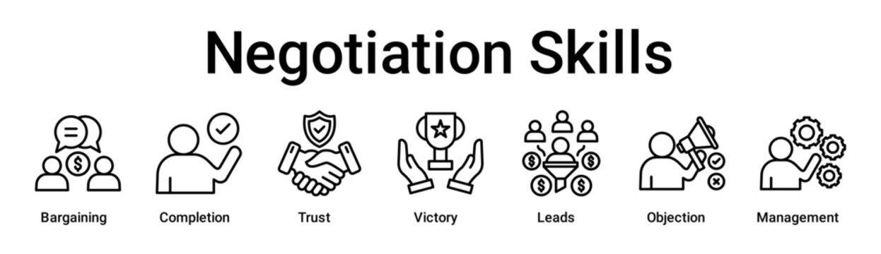 Negotiation Skills banner web icon vector illustration concept for business with icon of Bargaining, Completion, Trust, Victory, Leads, Objection.