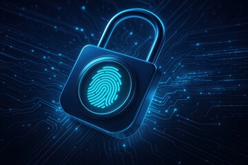 Digital Security Icon: A sleek padlock icon with a glowing fingerprint overlay, symbolizing advanced security measures and secure access within a high-tech digital environment.