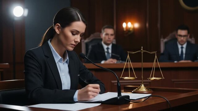 female lawyer writing in courtroom with judges