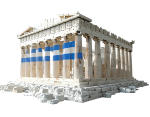Classical Greek temple, weathered facade, partially blue and white flags draped