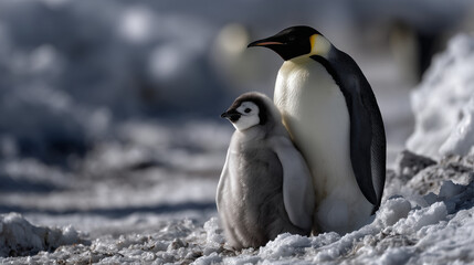 Obraz premium Tender Moment Between Emperor Penguin and Baby in Antarctica