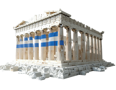 Classical Greek temple, weathered facade, partially blue and white flags draped - Powered by Adobe