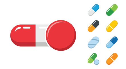 Colorful pills and capsules displayed in a flat vector illustration style