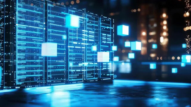 Futuristic Holographic Server Room with Floating Data Transfer and Network Connection. - Powered by Adobe