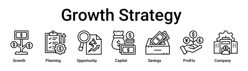 Growth Strategy banner web icon vector illustration concept for business with icon of Growth, Planning, Opportunity, Capital, Savings, Profits.