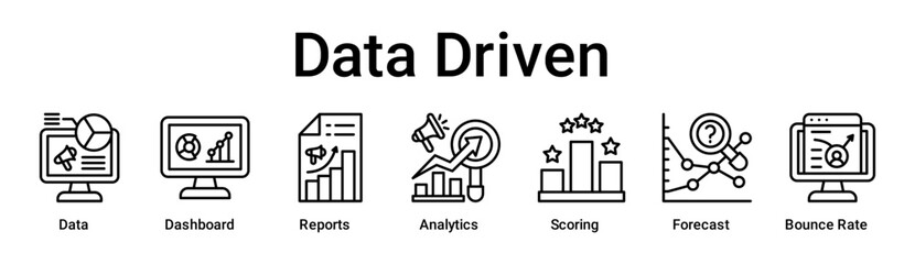 Data Driven banner web icon vector illustration concept for business with icon of Data, Dashboard, Reports, Analytics, Scoring, Forecast, Bounce .
