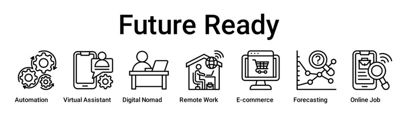 Future Ready banner web icon vector illustration concept for business with icon of Automation, Virtual Assistant, Digital Nomad, Remote Work, E-commerce, Forecasting, Online Job .