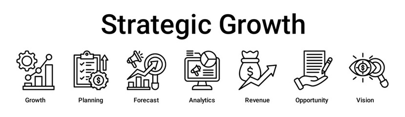 Strategic Growth banner web icon vector illustration concept for business with icon of Growth, Planning, Forecast, Analytics, Revenue, Opportunity, Vision .