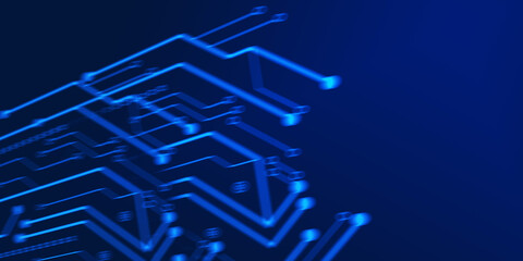 Abstract high-tech background embodying digital technology and motion blur concept. Composition features bright electric blue glowing lines mimic traces and pathways printed circuit board
