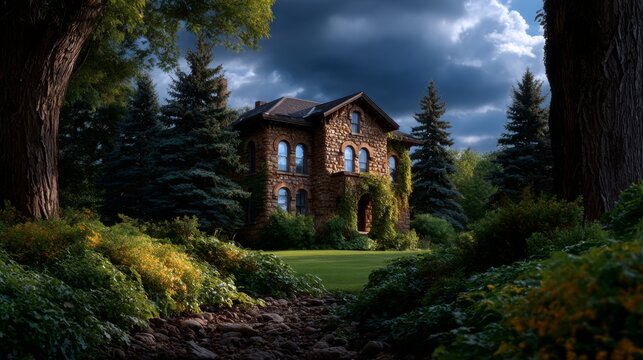 Enchanting Stone Mansion in Verdant Forest, Dramatic Sky, Moody Sunlight, Idyllic Seclusion, Architecture, Nature - Powered by Adobe