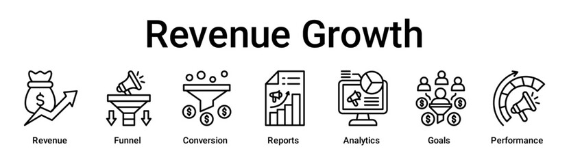 Revenue Growth banner web icon vector illustration concept for business with icon of Revenue, Funnel, Conversion, Reports, Analytics, Goals.