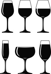 Wine glass collection icons, red wine goblet silhouette, champagne flute coupe design, alcohol beverage symbol, elegant minimal flat vector illustration