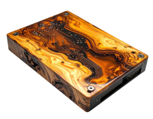 Angled shot of a rectangular tech device with a wood-grain pattern and circuit board detail