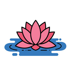Stylized Pink Lotus Flower Floating on Blue Water Illustration
