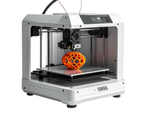 Modern white desktop 3D printer creating a complex, orange, geometric object