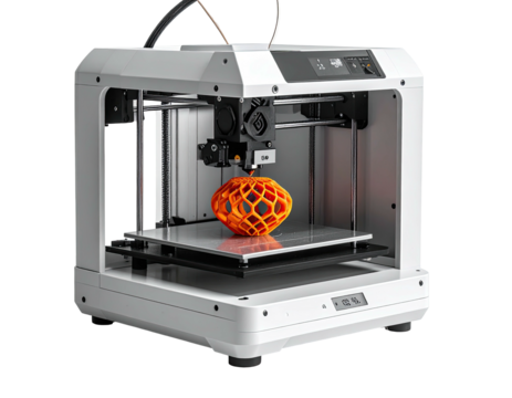Modern white desktop 3D printer creating a complex, orange, geometric object