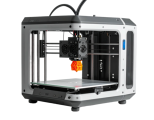 A modern 3D printer with open frame, displaying an object being printed in vibrant orange