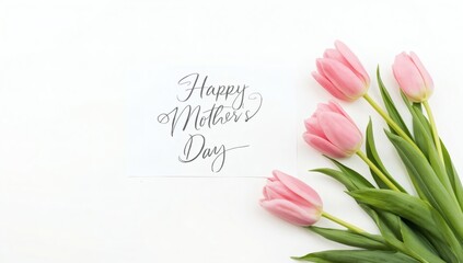 Elegant pink tulips and handwritten calligraphy message on a clean white background for a special occasion