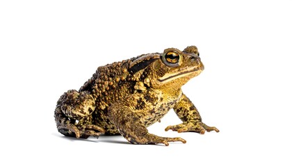 Fototapeta premium Side profile of a toad with rough skin against a clean, white background