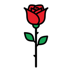 Classic Red Rose Flower Icon Illustration with Green Stem and Leaves on White Background