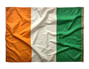 A weathered, creased rectangular flag with vertical orange, white, and green stripes on a black background