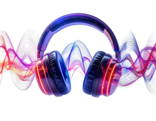 Stylish headphones with glowing earcups and colorful sound waves
