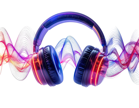 Stylish headphones with glowing earcups and colorful sound waves