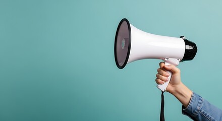 Hand holding a white megaphone against a teal background, announcing something important