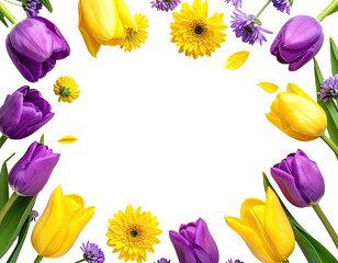 A vibrant floral ring composed of yellow and purple tulips, daisies, and foliage