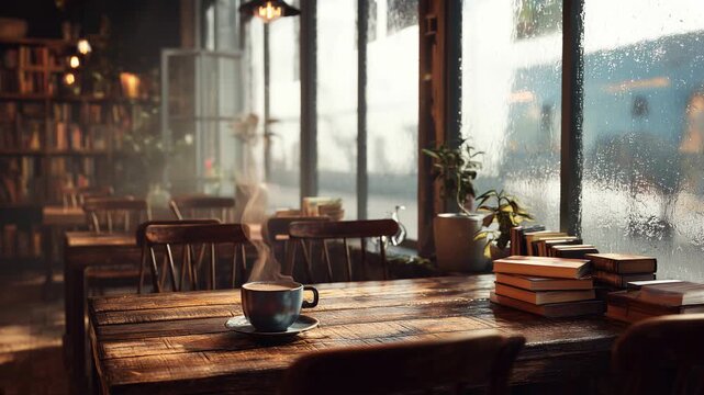 Cozy Brown Coffee Shop Ambience on a Rainy Day with Steaming Coffee and Books, Generative AI