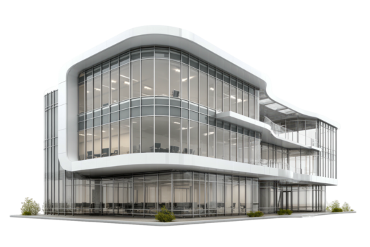 Modern, curved glass building with white trim