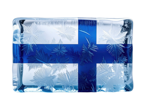 A rectangular block of ice with a blue and white flag design inside, with frost formations