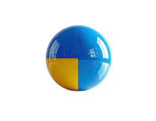 A glossy sphere split diagonally in yellow and blue against a black background