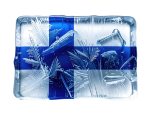 Frozen depiction of a national banner within a rectangular block of icy material