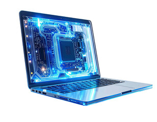 Digitally enhanced image of a laptop showcasing its internal circuits glowing with blue light
