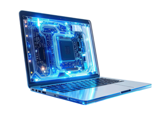 Digitally enhanced image of a laptop showcasing its internal circuits glowing with blue light