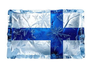 Frozen rectangular block with the blue and white cross symbol of Finland, on a black background